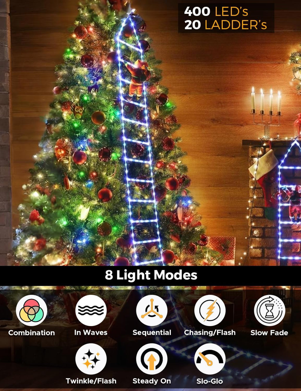 Christmas Ladder Lights with Santa, 400 LEDs