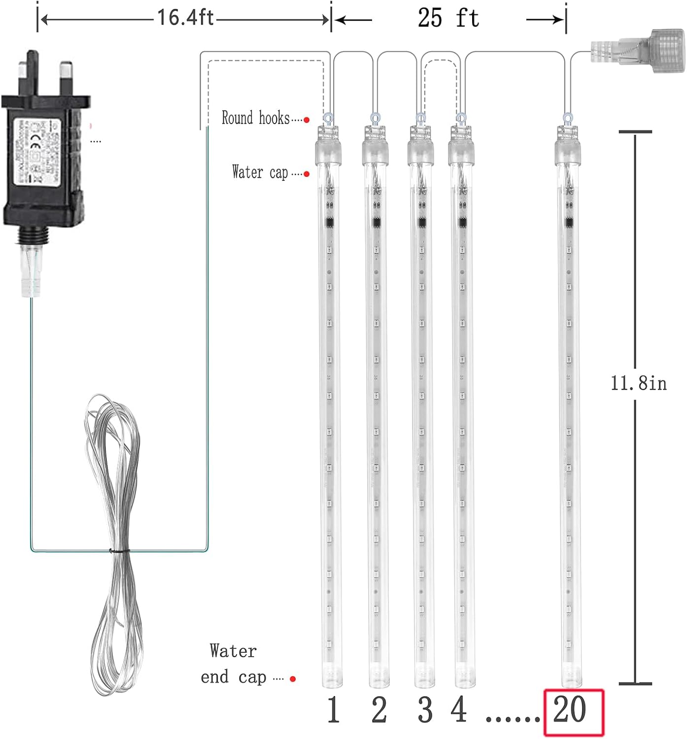 20 Tube Blue Meteor Shower Lights